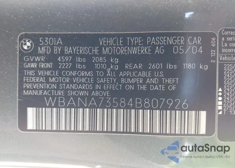 2004 BMW 530I из США, поврежденный, VIN WBANA73584B807926